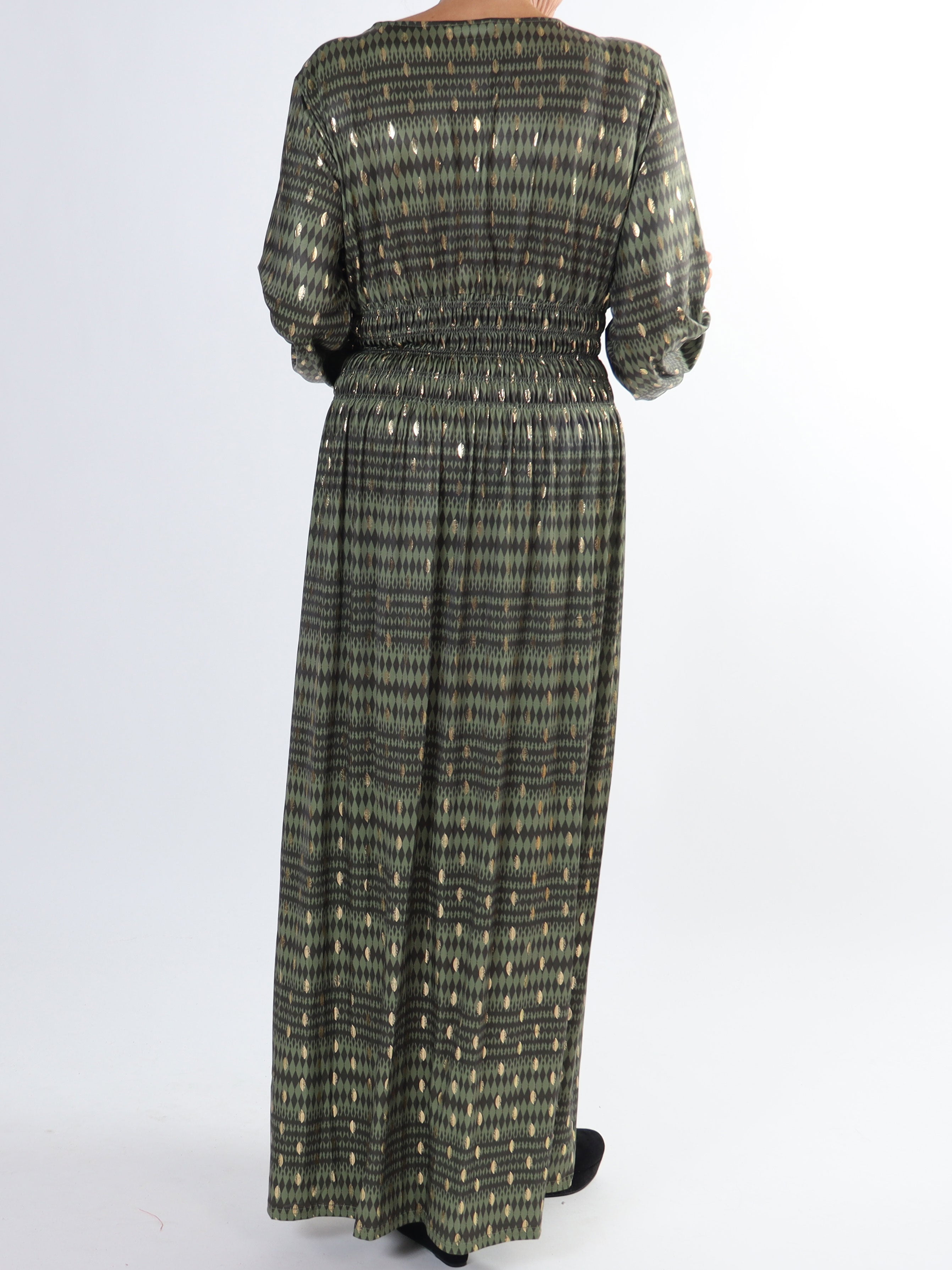 Pams Stripe L/S - Plus size mønstret kjole med gulddetaljer